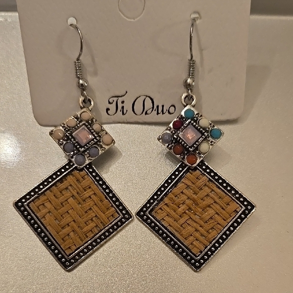 Silver and Brown Textured Square Earrings - Picture 1 of 2